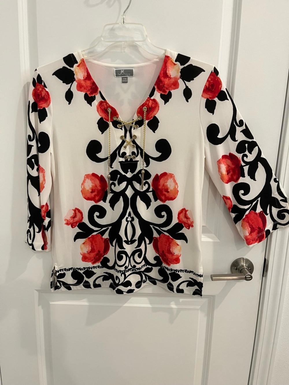 JM Collection White Floral Lace-Up V-Neck Top - Red & Black